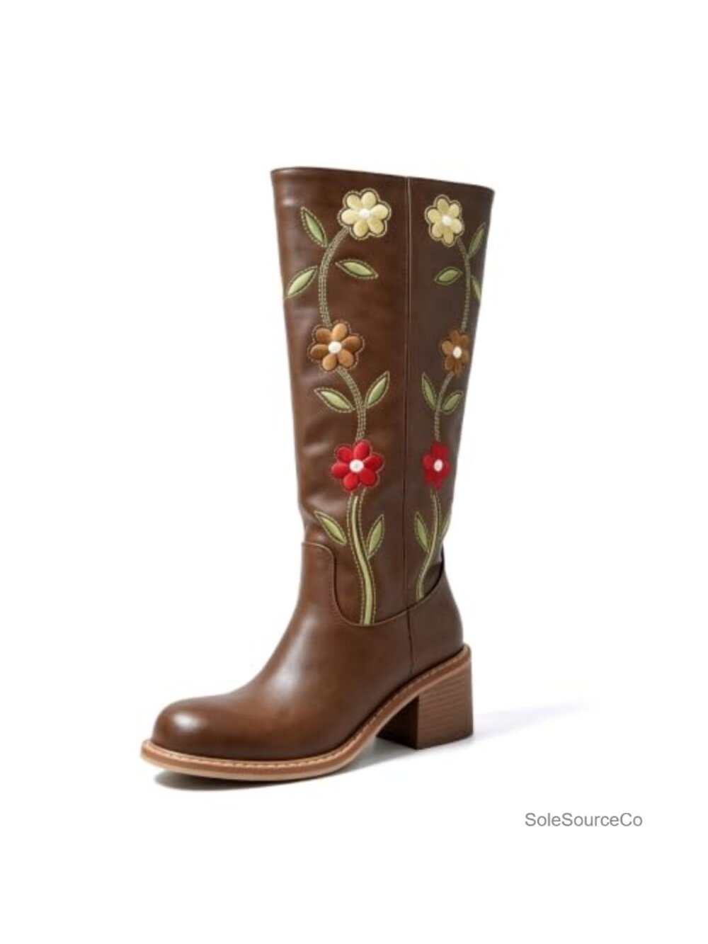 Women's Floral Embroidered Western Cowboy Boots Faux Leather Mid Calf